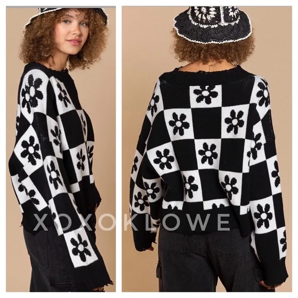 LAST ONE POL Daisy Flower Checkerboard Pattern Sweater Relaxed Fit - Picture 5 of 11